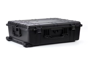 Black tool case with orange handle and metal latches